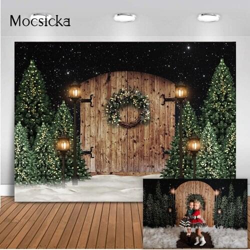 Winter Snow Christmas Tree Pine Portrait Photography Backdrop Newborn Kids Children Photo Background Rustic Wood Door Photocall