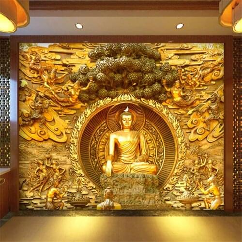 Custom 3D Stereoscopic Golden Buddha Statue Buddhist Temple Mural Wall Painting Living Room Restaurant Backdrop Photo Wallpaper
