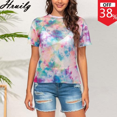 T Shirt Women Summer Short Sleeve Tie Dye Fashion Mesh See Through Sexy Ladies T Shirt O Neck Streetwear Party Club Women Shirts