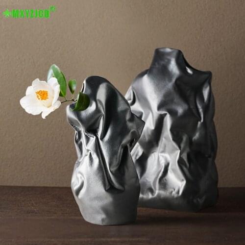 Geometric Ceramic Vase Black And White Flower Arrangement Container Bag Sculpture Crafts Birthday Gift Home Decorations