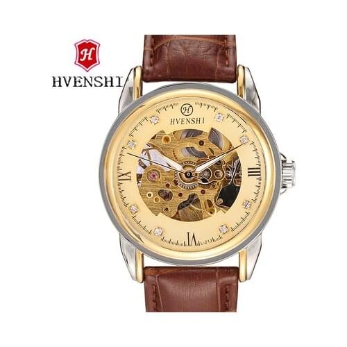 HVENSHI 2019 New Skeleton Watch Gold Leather Mechanical Watch Men Designer Mens Watches Top Brand Luxury Clock Relogio Masculino