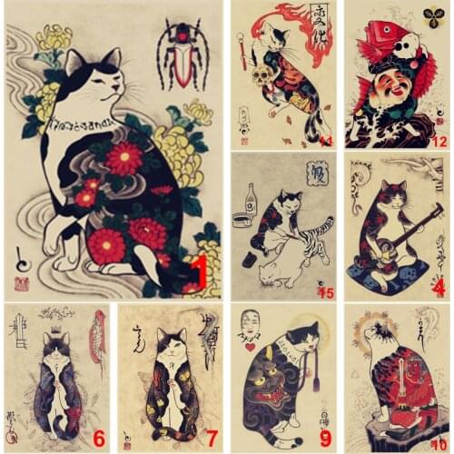 Customized Ukiyo-e Samurai Warrior Cat Tattoo Cat Tattoo Shop Retro Poster Kraft Paper Decorative Painting