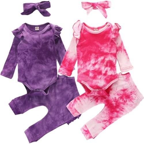 Autumn Toddler Baby Girl Sets Ruffle Long Sleeves Romper Elastic Waist Pants + Bow Headband Outfit Tie Dye 0-2Years