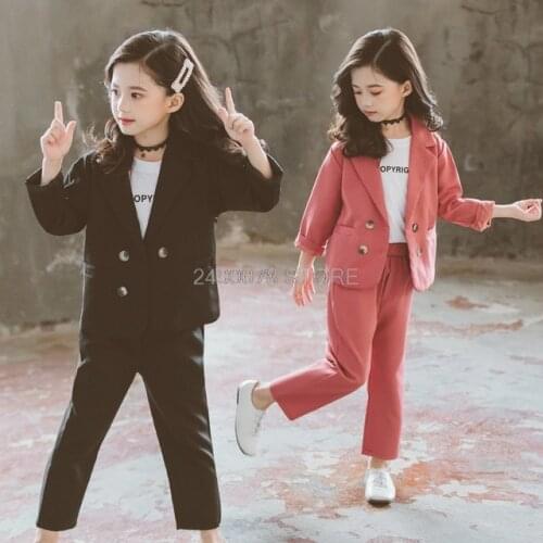 Girls Formal Wedding Suit Female School Blazer Kids Jacket+Pants 2pcs Clothing Set Children Birthday Party Performance Costume
