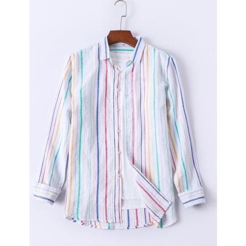 B051 New Arrival Spring Autumn Mans Shirt Japanese Style Linen Fabric Multicolor Striped Long Sleeves Breathable Male Clothes