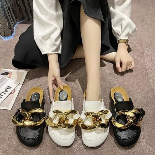 Gold Chain Decor Round Toe Flat Mules Lazy Loafers Shoes Womens Outdoor Cozy Soft PU Leather Casual Slippers Female Shoes