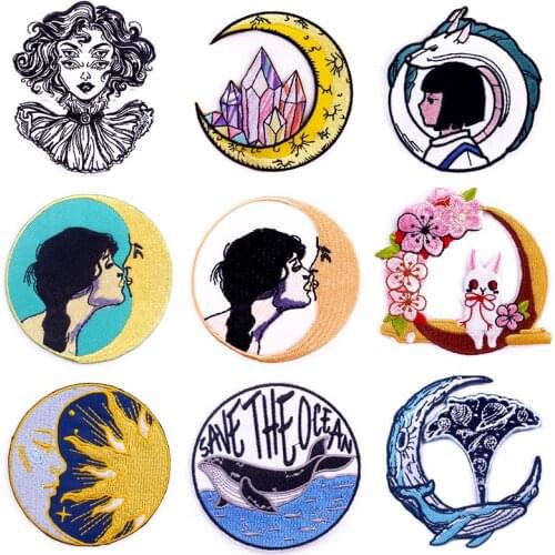 Anime/Moon Patch DIY Stripes Whale Embroidery Iron on Patches For Clothes Cartoon Whale Patches for Clothing Applique Badge