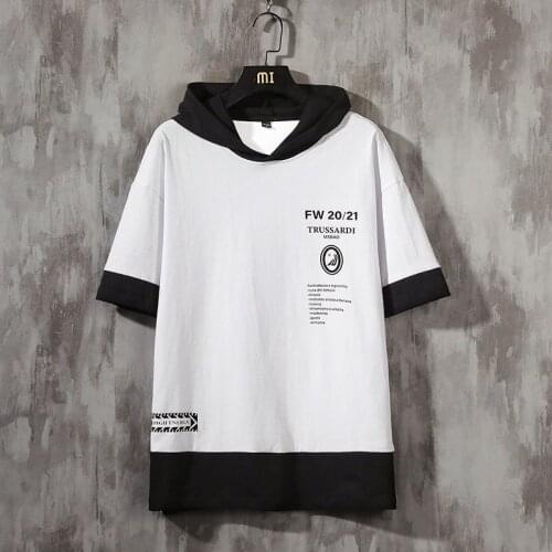 TEHEZAD 2021 New Summer Cotton Hooded T-Shirt Mens Short-Sleeved Print Fashion Trend Loose All-Match T-Shirt Youthful Vitality