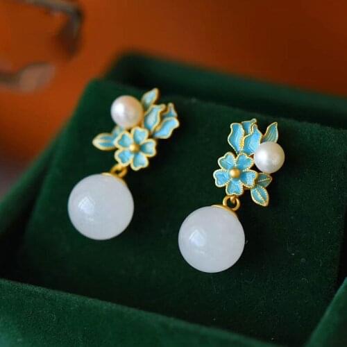New Silver Inlaid Chinese Style Classical Super Immortal Palace National Flower Natural Hetian Jade Pearl Earrings Female