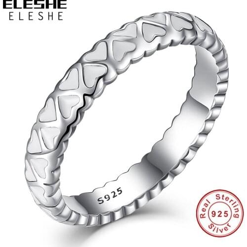 Authentic 925 Sterling Silver Stackable Heart Finger Rings for Women Romantic Love Wedding Engagement Ring White Enamel Jewelry