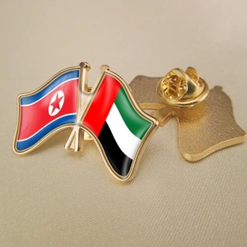 North Korea and United Arab Emirates Crossed Double Friendship Flags Lapel Pins Brooch Badges