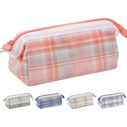 School Pencil Bag Pen Case Japanese Style Retro Plaid Color Check Storage Pouch Handle Wallet for Stationery