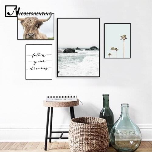 Scandinavian Landscape Sea Beach Canvas Poster Cow Minimalist Nordic Style Wall Art Print Painting Tropical Decoration Picture