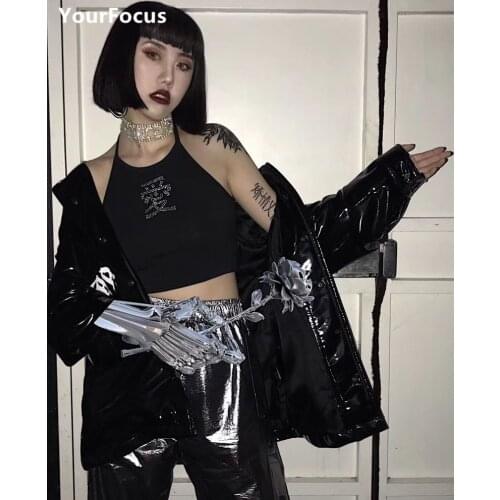 Punk rok shiny rhinestone Chinese love crop top vest hanging neck short cropped women tops