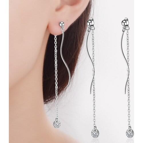 KOFSAC 925 Silver Stud Earrings For Women Sweet Temperament Wave Shape Long Chain CZ Rear Hanging Ear Line Earring Ear Jewelry