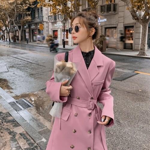 Womens Blazers Trench Coat Female Autumn 2020 Korean Mid-Length Lace-Up Thin Drape Fried Street Pink Windbreaker Ladies Q304