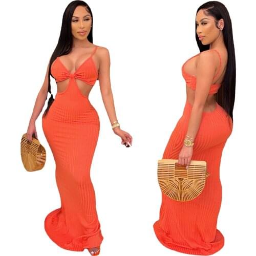 Summer Dress Women 2021 Elegant Spaghetti Strap V Neck Knit Rib Bodycon Long Women Dress Sexy Hollow Out Club Party Dress Robe