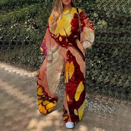 2021 New Print Hit Color Womens Two-piece Suit O Neck Long Sleeve Loose Pullover Sweater Lace Up Bowknot Pants For Female Sets