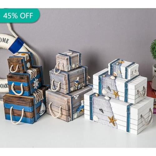 3in1 Mediterranean Wooden Storage Box Home Decoration Jewelry Box 3 Sizes Marine Seabird Starfish HNA Treasure Box Decoration