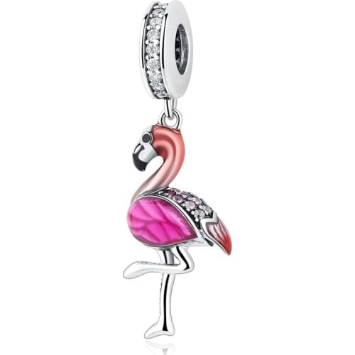 New Original 925 Sterling Silver Bead Animal Bird Flamingo Dangle Charm Cute Fit Pandora Bracelet Necklace DIY Women Jewelry