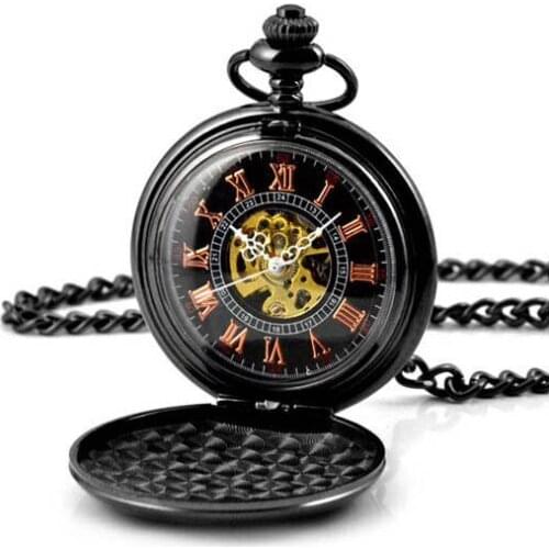 Skeleton Black Automatic Hollow Mechanical Pocket Watch Men Vintage Hand Wind Clock Necklace Pocket & Fob Watches With Chain
