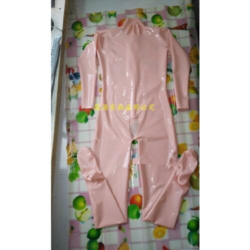 Baby Pink Men Latex Rubber Catsuit Socks Open Hole for Penis Sheath with Back Zipper