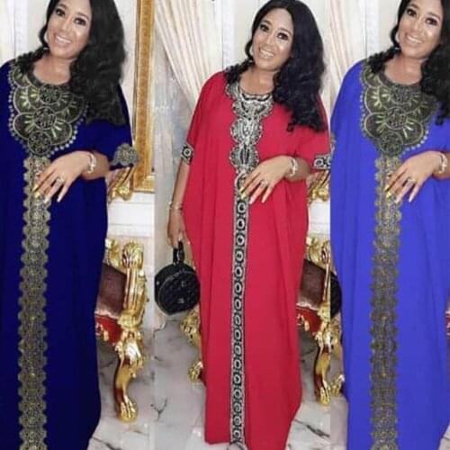 DOIB African Dresses for Women Round Neck Lace Patchwork Dashiki African Clothes Abaya Dubai Muslim Long Dress Robe