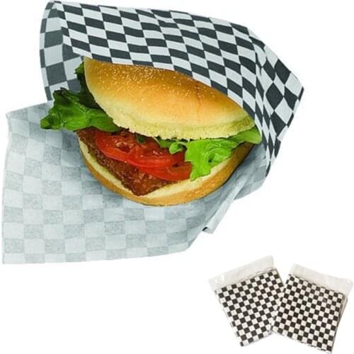 Food Disposable Packaging Wax Paper Hamburger Bread Paper Black Red Checkered Fast Food Basket Liners 24pcs 12''x12