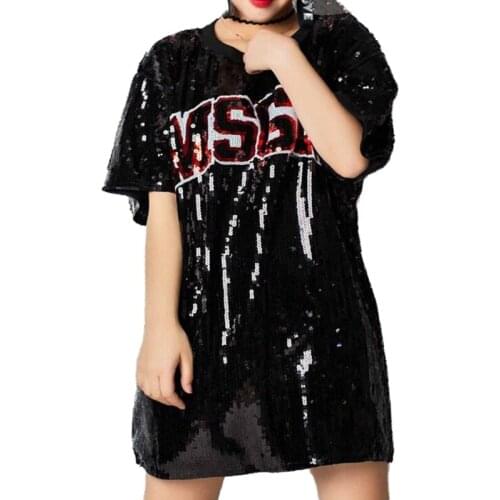 Sequin t shirt women 2020 New Summer Womens Tops Letter Sequins Long Loose Tshirt Hip Hop Clothing