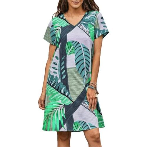 Summer Women Dress Mini Dress Leaf Print V Neck Women breathable Hawaiian Short Sleeve Loose Dress for Beach