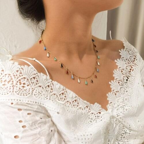 Fashion Jewelry Thin Chain Necklace Sweet Korean Temperament Single Layer Colorful Teardrop Beads Necklace Gifts Jewelry