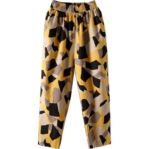 New Women Pants Summer Korean Plus Size Casual Cotton Linen Vintage Printed Harem Pants Female Sweatpants Elastic waist Trouser