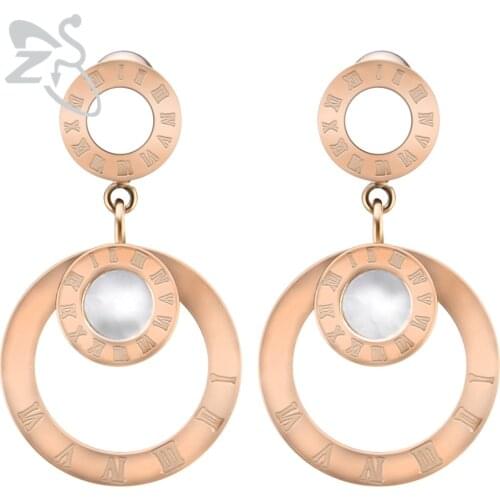 Charm Round Dangle Earrings Piercing Stainless Steel Drop Earring Pendant Jewelry Shell Ear Stud Roman Number Women Female Gift