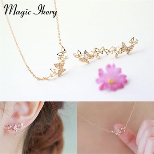 Magic Ikery Handmade Charming Earring Necklace Jewelry Sets Gold Color Imported Chain Link many Butterfly Jewelry MKY3023