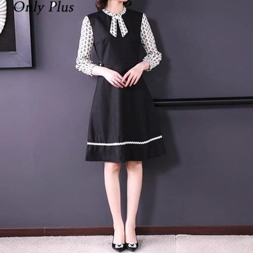 Only Plus Autumn New Office Lady Slim Black Dress Women Mid-Length A-line Patchwork Print Dresses Lantern Sleeve Elegant Vestido