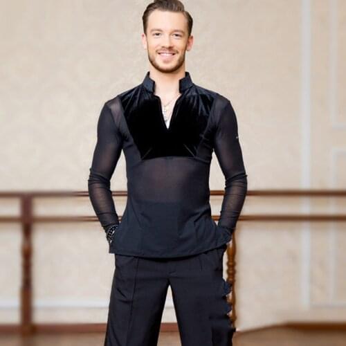 Sexy Elastic Mesh Men Ballroom Latin Dance Tops Sale Cha Cha Rumba Long Sleeves Stand Collar Competition Dancing Wear DL5229