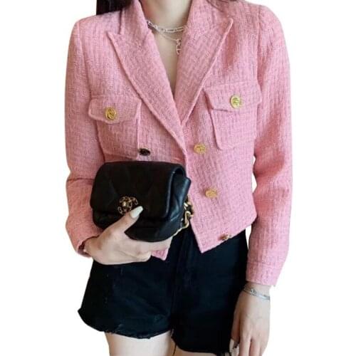 Womens Short Jacket Spring Autumn Pink Tweed Sweet Long Sleeves Coat Student High Quality
