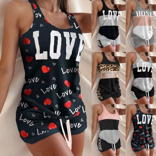 Womens sleepwear Print Sleeveless Ruffles Bowknot Design Cami Shorts Lingerie Sleepwear Set Sexy stitching ladies pajamas suit