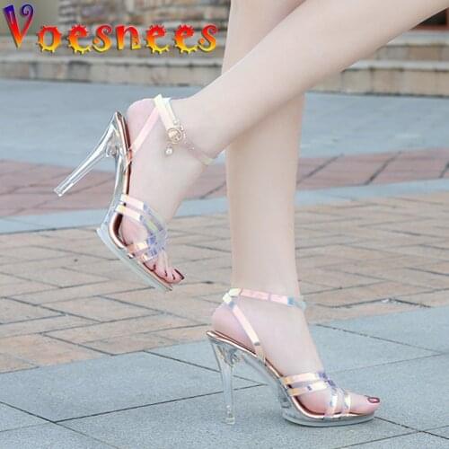 Voesnees 2021 Women Sandals Model Walking Clear Platform Shoes Stripper High Heels Sexy Fish Mouth Illusory Color Wedding Shoes