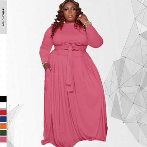 4xl Two Piece Plus Size Womens Clothing 5xl Fall Round Neck Bandage Pocket Loose Elegant Long Skirt Suit Wholesale Dropshipping