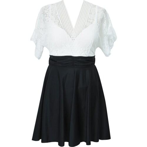 2021 Plus Size L-5XL Swimming Suit for Women Push Up Black Mesh Swimsuit Short Sleeve Ladies Swim Dress One Piece Bathing Suit