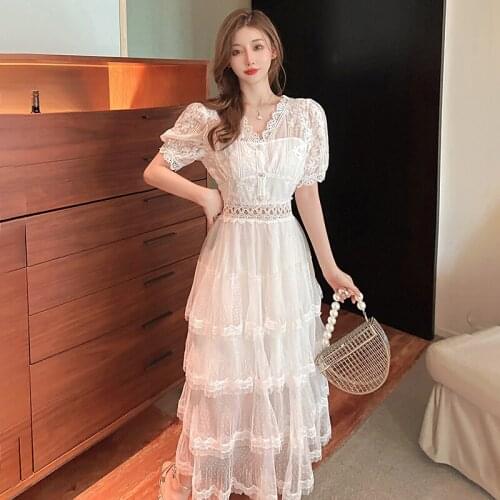 Floral Lace Patchwork Mesh Party Dress Women V-Neck Short Sleeve Long Midi Dress Cake Ruffles Hollow Out Elegant White C871