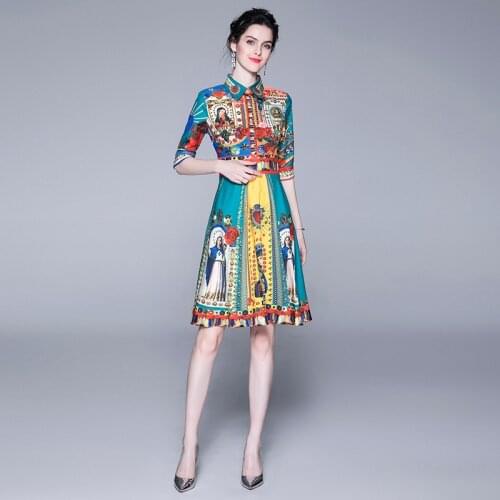 Spring Elegant Lapel Printing Button Office Work Dresses Summer Women Half Sleeve Virgin Mary High Waisted Slim Robe Femme Ete