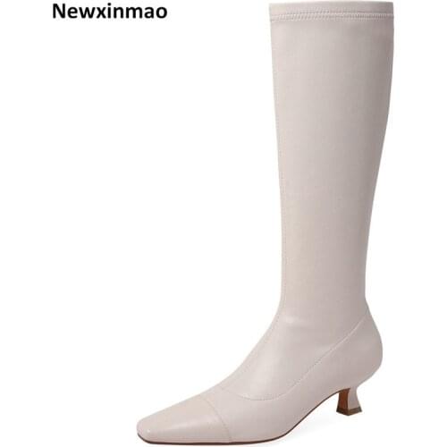 2021 Retro Concise Knee High Boots Side Zipper Autumn Winter Newest Genuine Leather Shoes Woman Party Working Tight High Boots