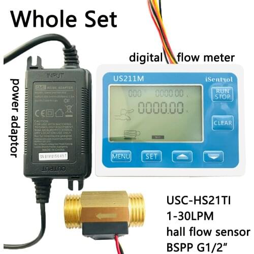 US211M Water Digital Flow Meter Hall Water Flow Sensor Reader with Brass USC-HS21TI 1-30L/min hall water turine flowmeter