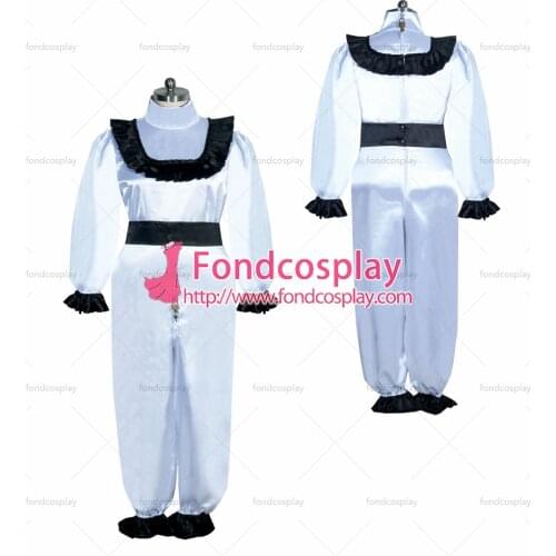 Fondcosplay adult sexy cross dressing sissy maid long French white Satin lockable Romper Jumpsuits Uniform Tailor-made[G3938]