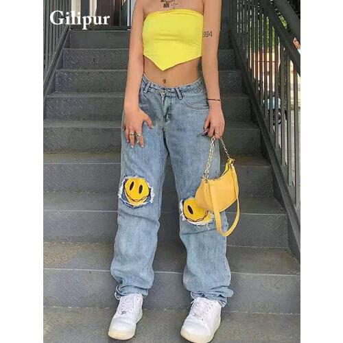 Printed Jeans Women Fashion Mom Jeans Baggy Straight Leg Pants Blue Loose Ripped Denim Trousers Long High Waist Jeans Streetwear
