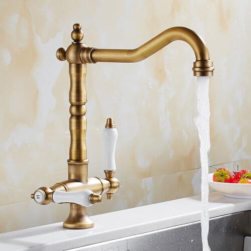 EVERSO 360 Swivel Antique Brass Kitchen Faucets Dual Porcelain Handle Mixer Tap Kitchen Cold and Hot Mixer Taps