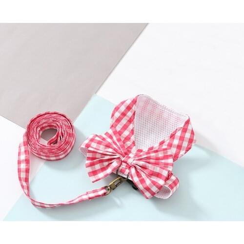 Puppy Dog Clothes Harness Leash Set Pet Plaid Harness Cotton Lace Vest Dress For Small Medium Dogs Cats Yorkie Chihuahua Walking