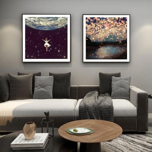 Wish Lanterns for Love Art Canvas Painting Modern Posters And Prints Girl And Universe Wall Pictures For Living Room Decor